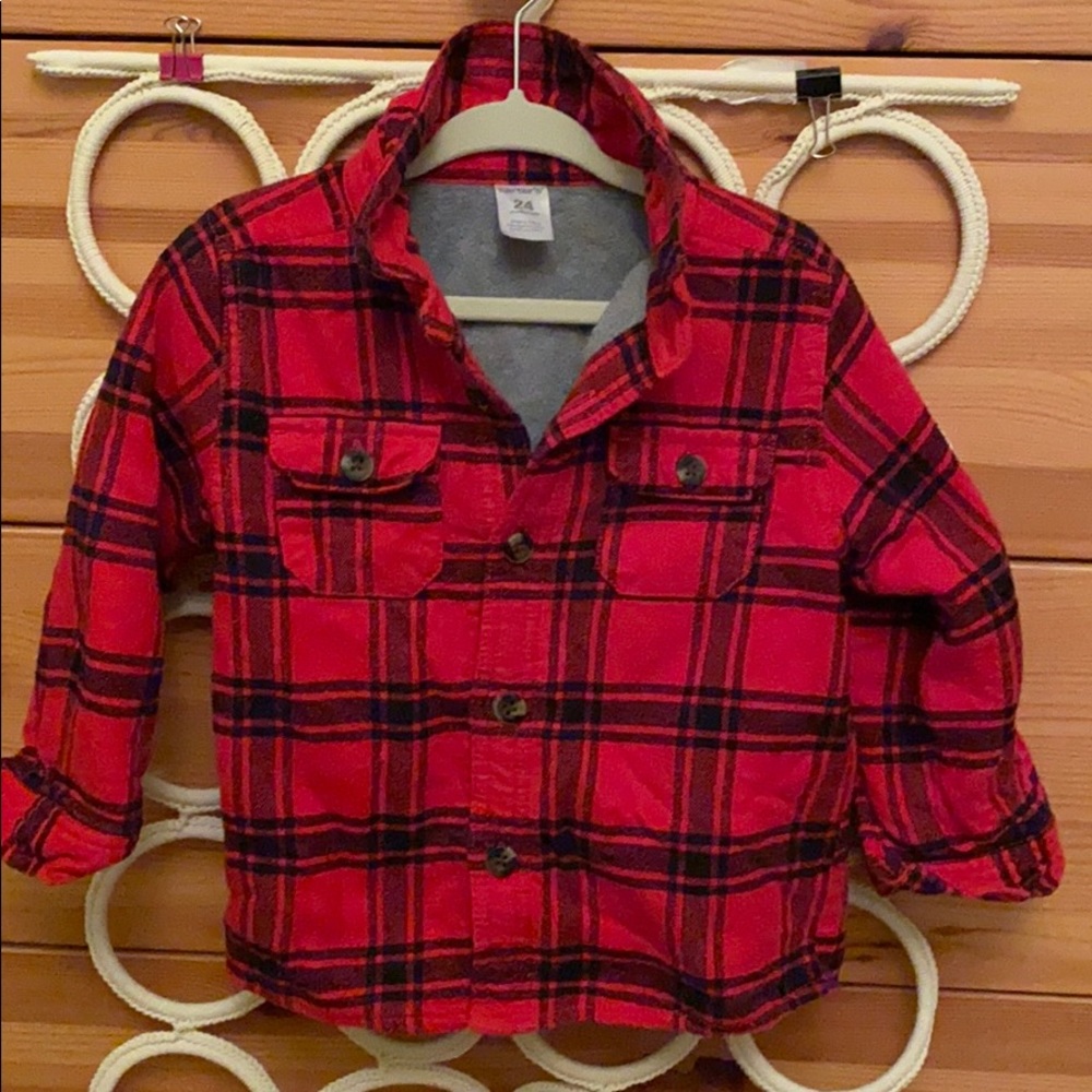 Fleece lined plaid button down shirt jacket